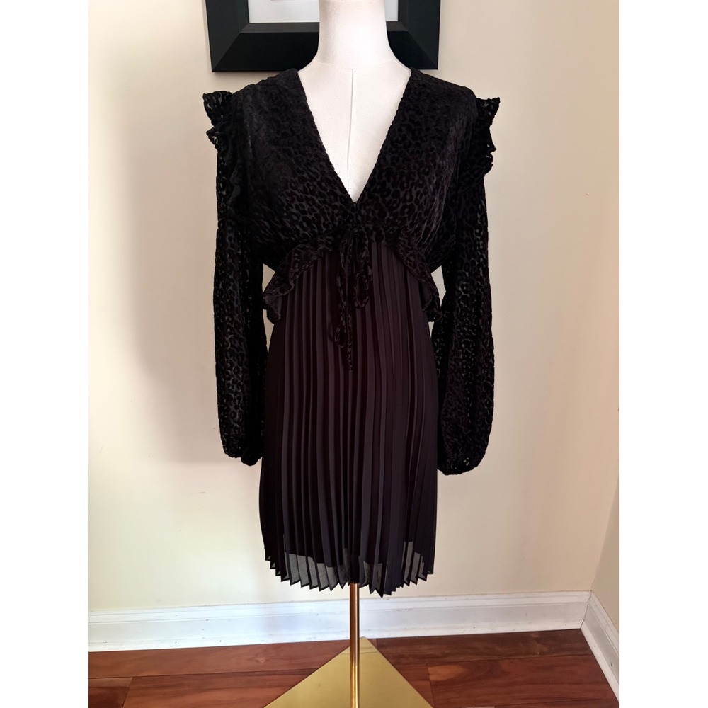 The Kooples Black Leopard Print Flocked Pleated Mini Dress Balloon Sleeve M - Picture 2 of 9